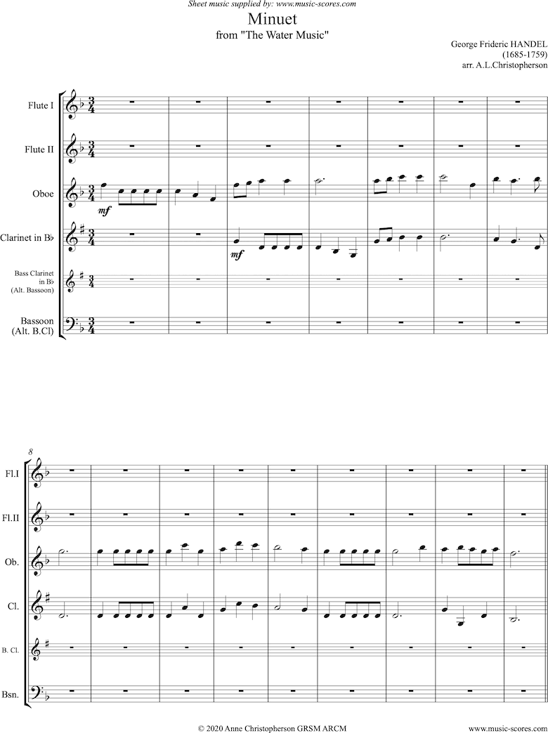 Water Music: Suite No.1: Minuet: 2Fls Ob Cl Bcl or Fg by Handel