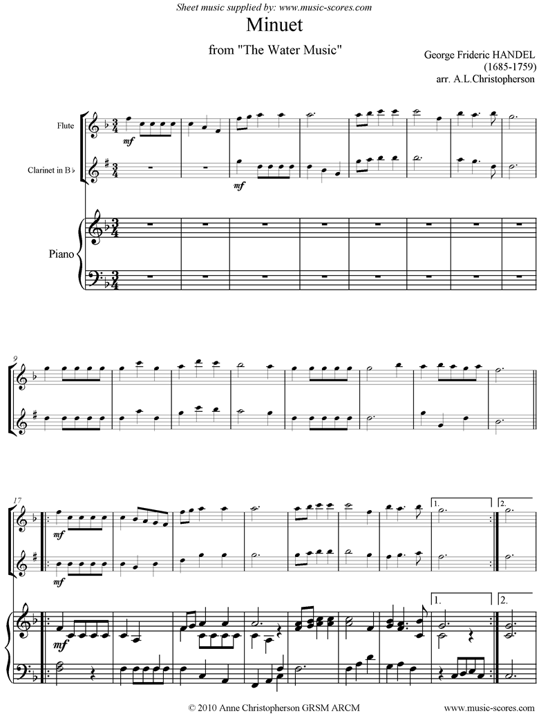 Front page of Water Music: Suite No.1: Minuet: Flute, Clarinet, Piano sheet music