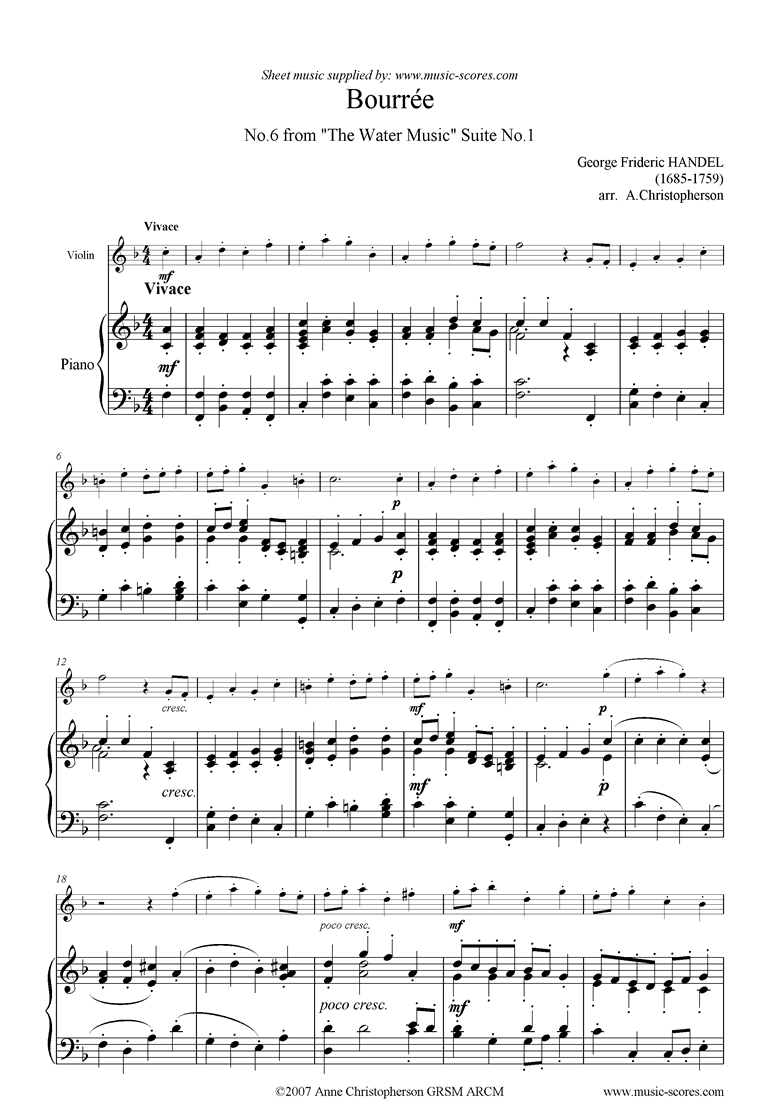 Front page of Water Music: Suite No.1: Bourree sheet music