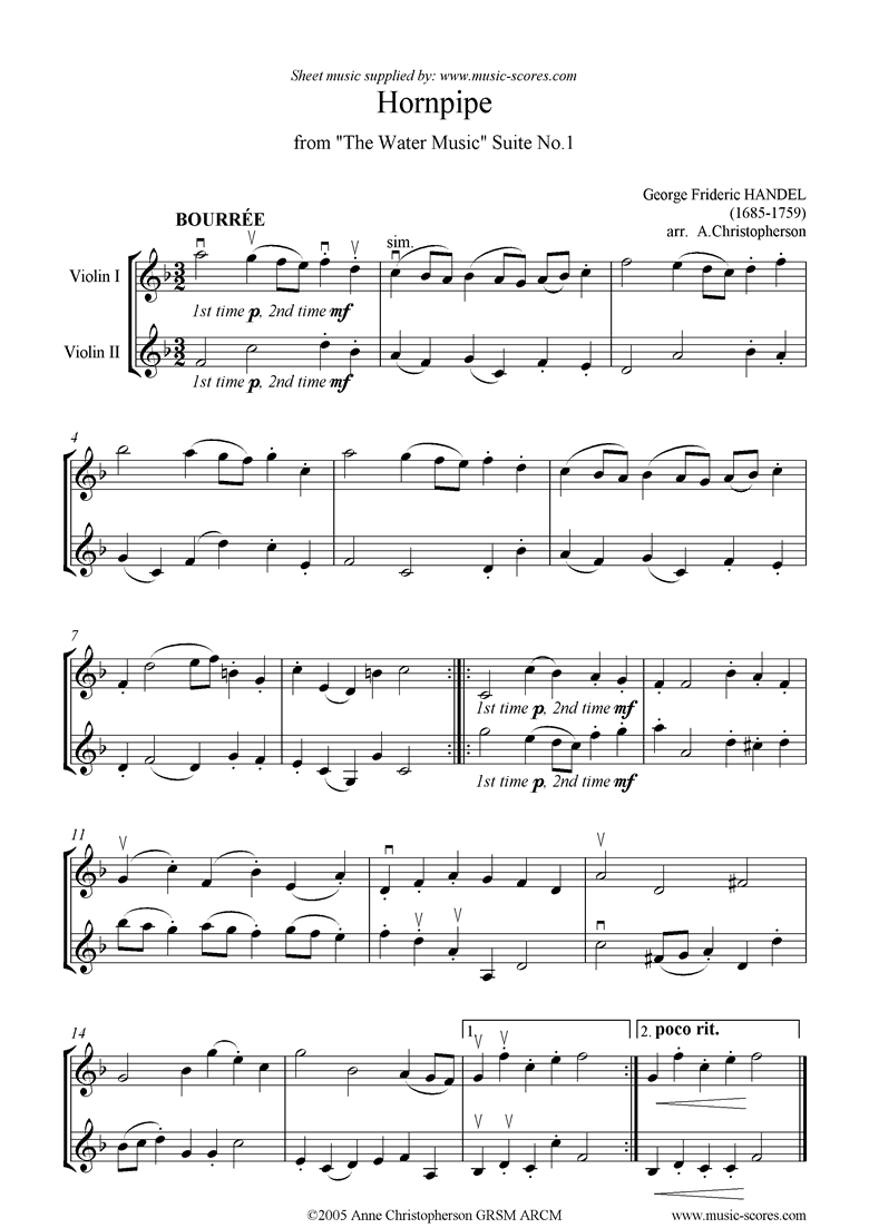 Front page of Water Music: Suite No.1: Hornpipe: 2 Violins sheet music