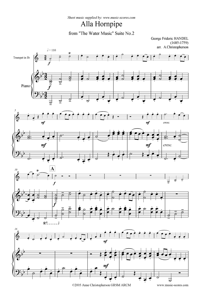 Front page of Water Music: Suite No.2: Alla Hornpipe: Trumpet sheet music