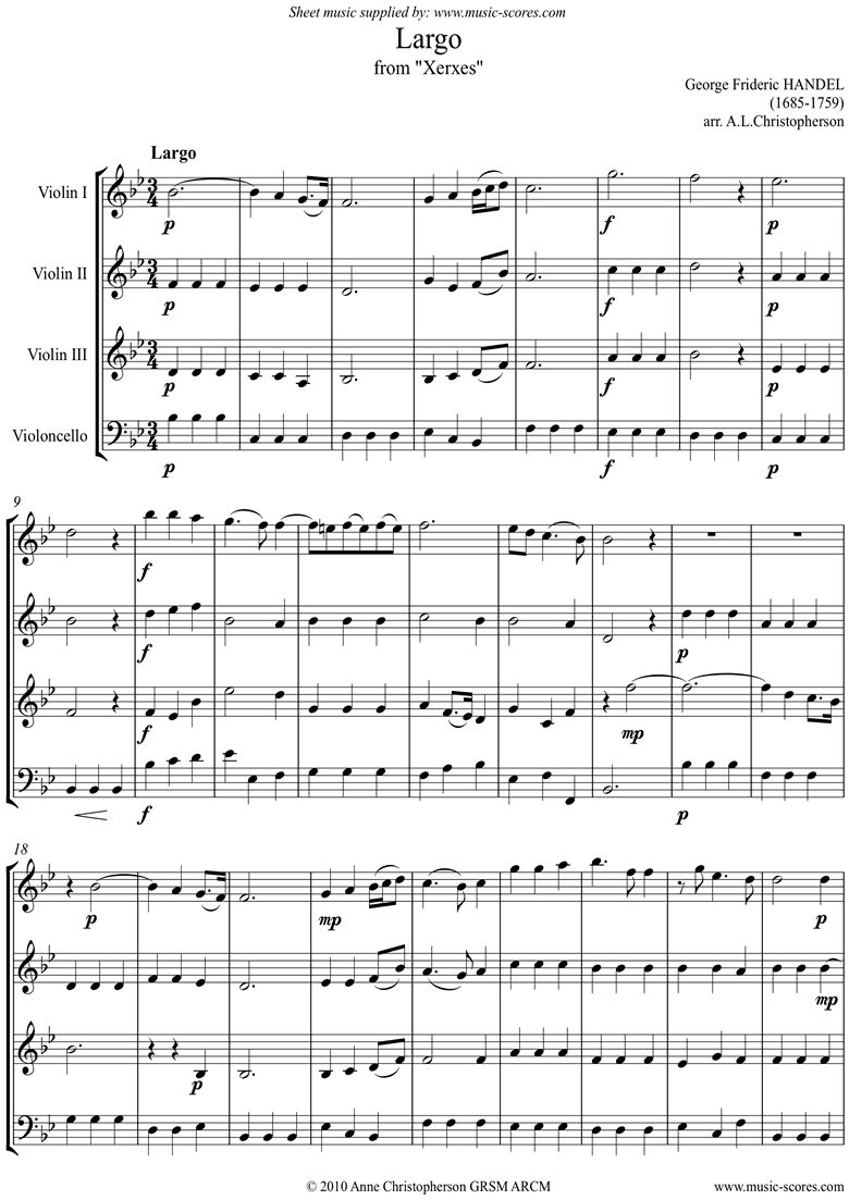 Front page of Xerxes: Largo: 3 Violins, Cello sheet music