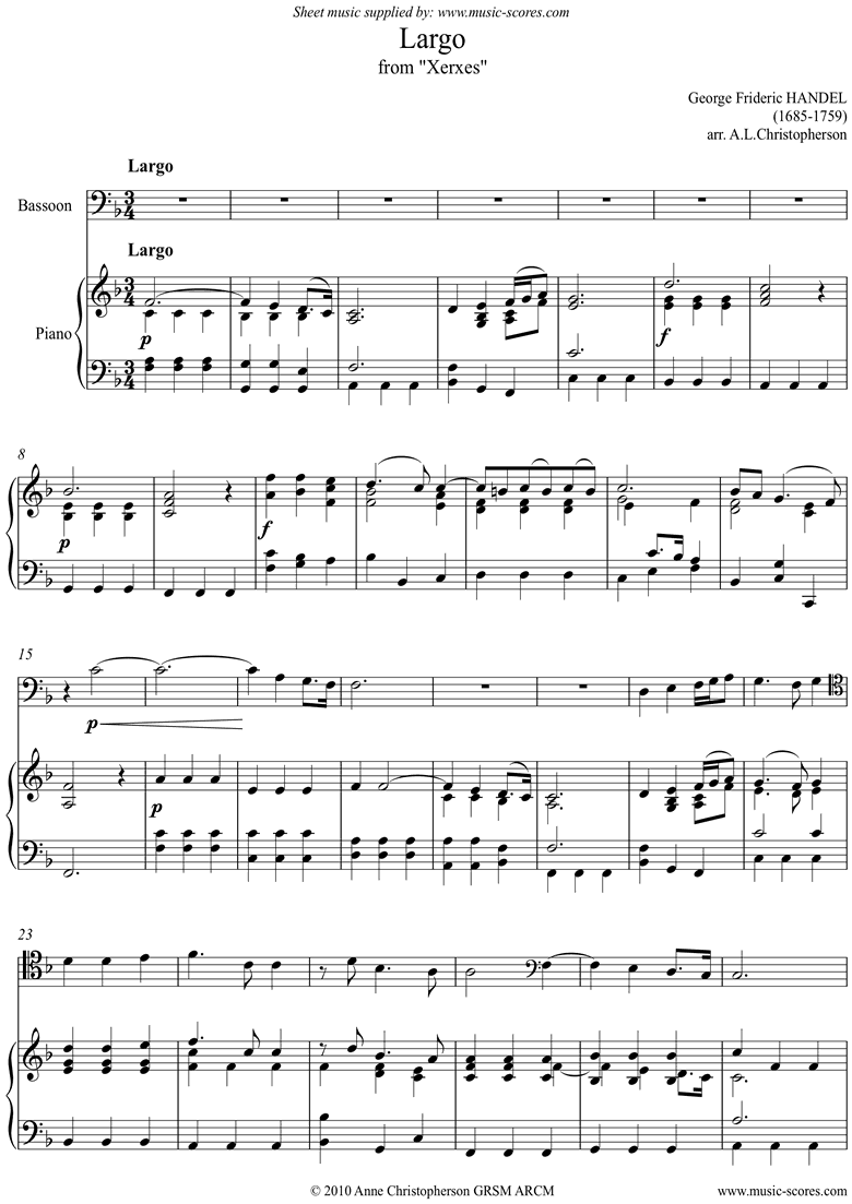 Front page of Xerxes: Largo: Bassoon sheet music