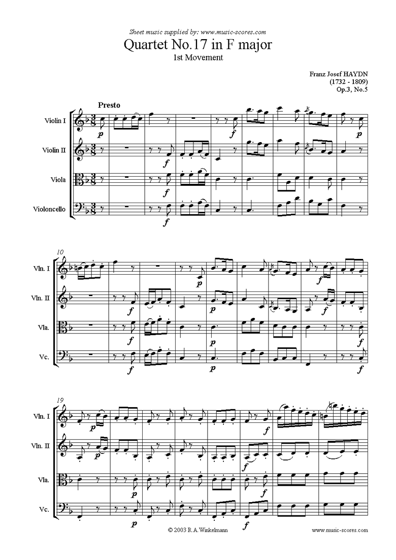 Front page of Op.3, No.5: Quartet No.17 in F major: 1st mvt sheet music