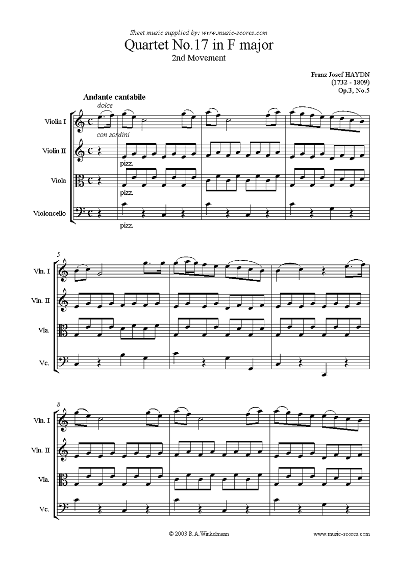 Front page of Op.3, No.5: Quartet No.17 in F major: 2nd mvt sheet music