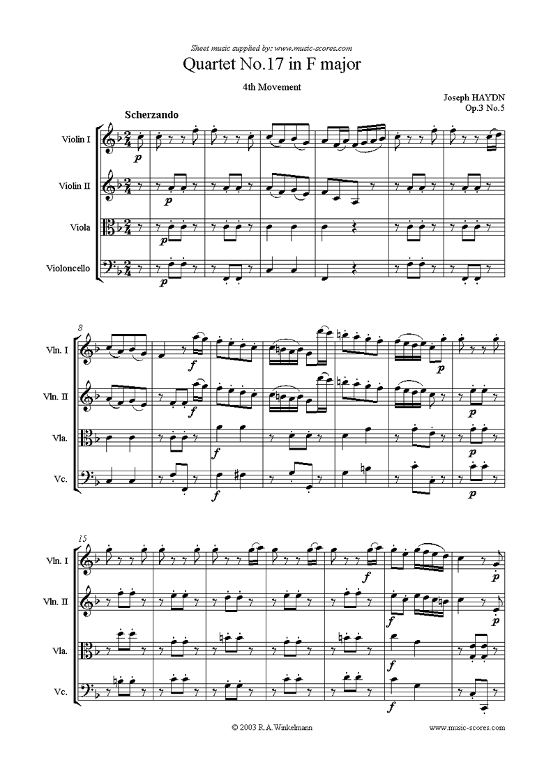 Front page of Op.3, No.5: Quartet No.17 in F major: 4th mvt sheet music