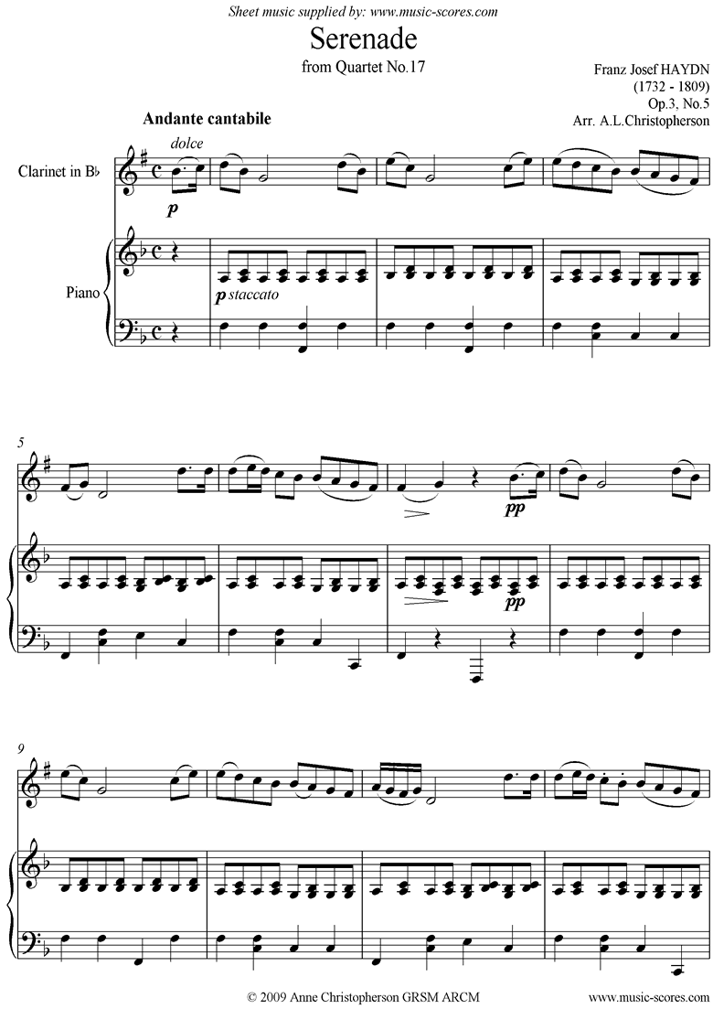 Op.3, No.5: Serenade: Andante Cantabile: Clarinet and Piano by Haydn