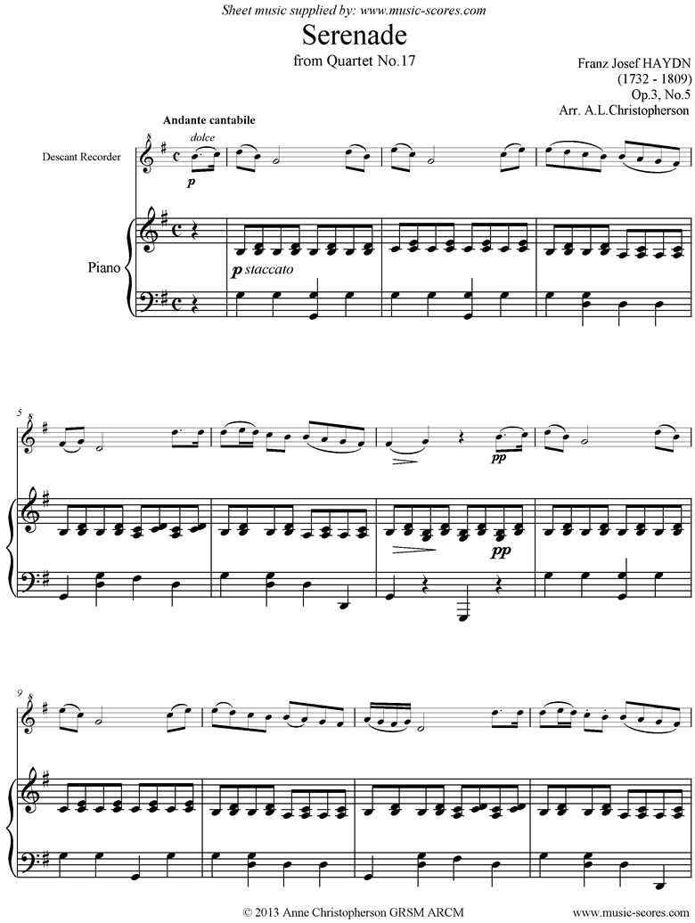 Op.3, No.5: Serenade: Andante Cantabile: Recorder and Piano by Haydn