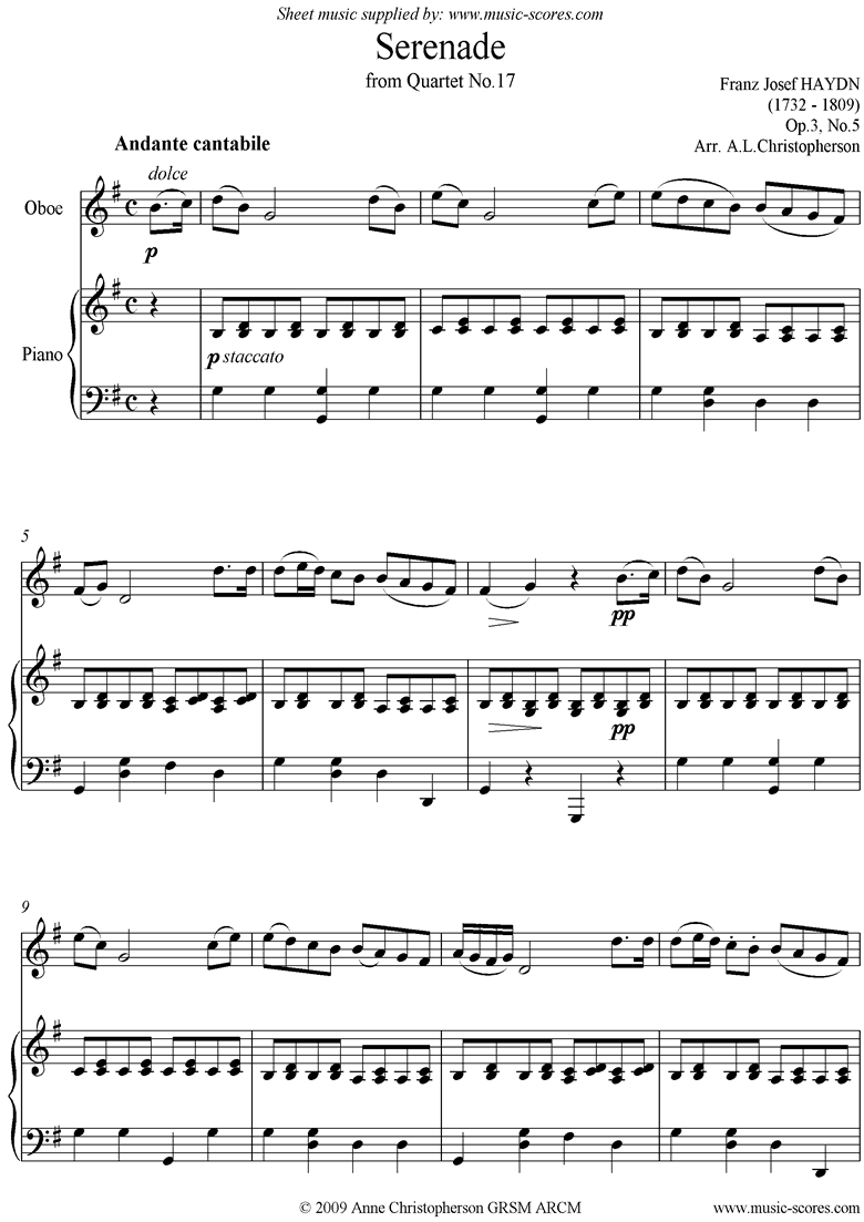 Op.3, No.5: Serenade: Andante Cantabile: Oboe and Piano by Haydn
