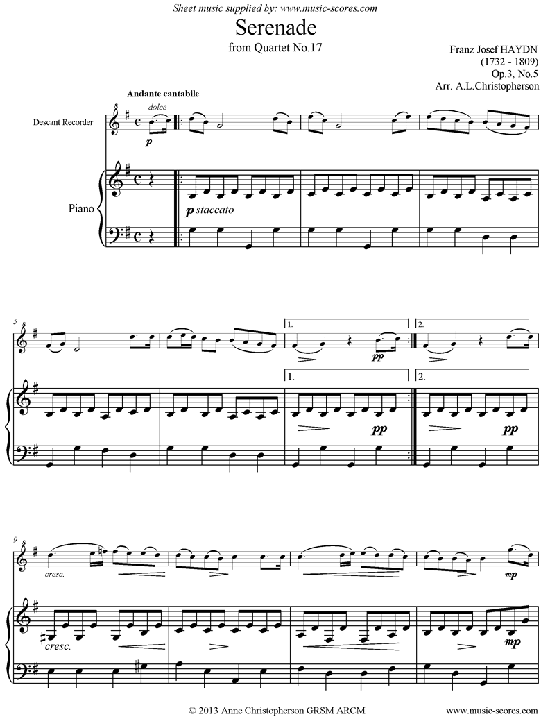 Front page of Op.3, No.5: Serenade: Andante Cantabile: Recorder and Piano sheet music