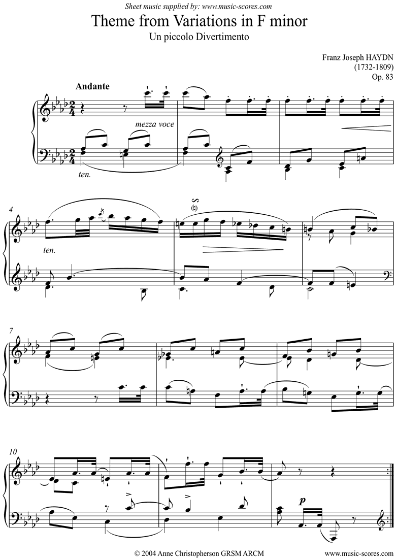 Front page of Op.83: Theme from Variations in F minor sheet music
