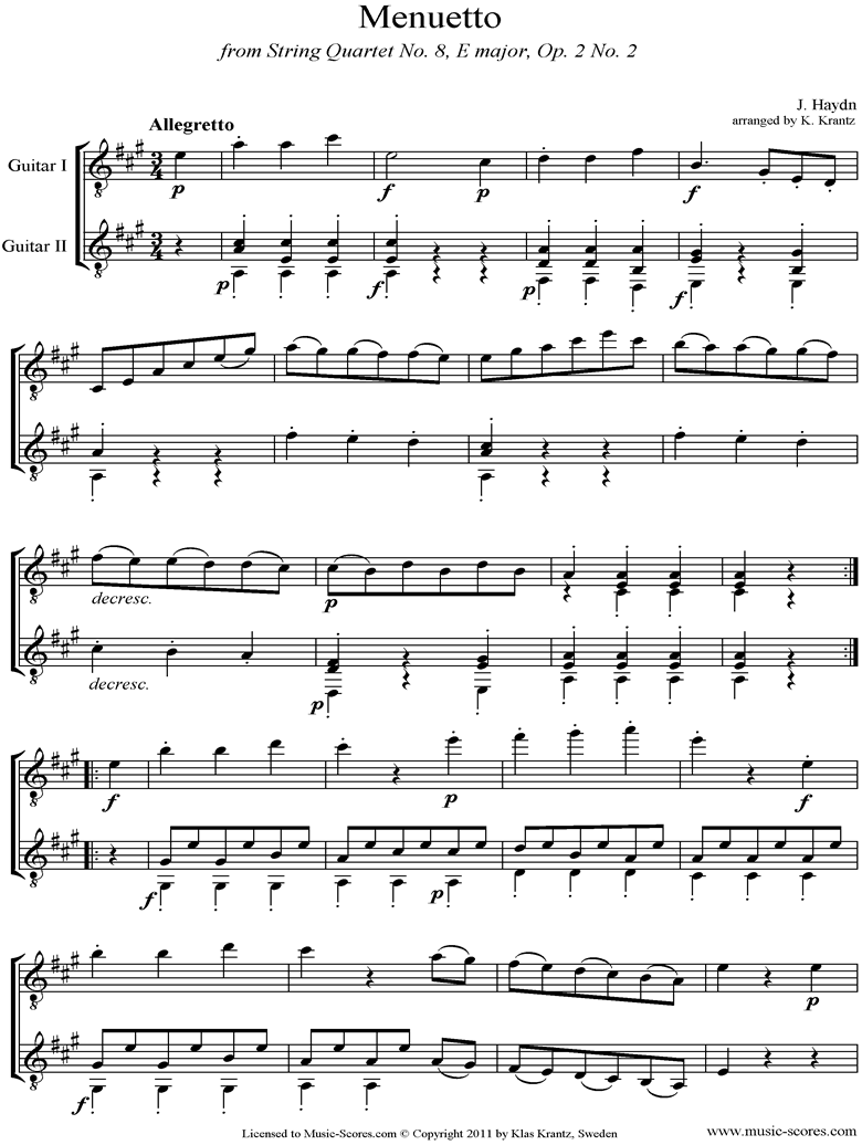 Front page of Op.2, No.2: Quartet No.8: 4th mvt, Minuet and Trio; 2 Guitars sheet music