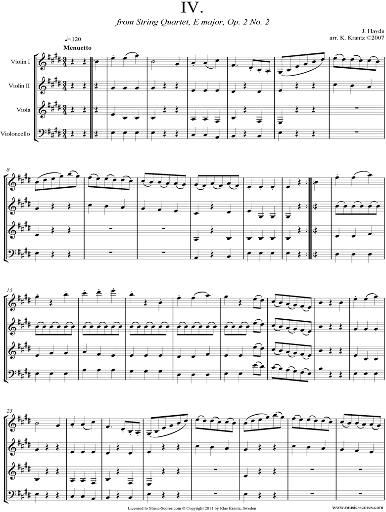 Front page of Op.2, No.2: Quartet No.8: 4th mvt, Minuet and Trio; String 4 sheet music
