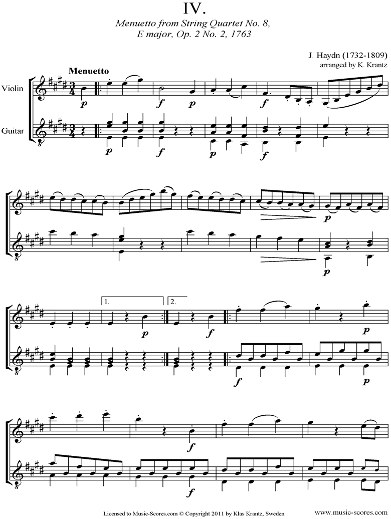Front page of Op.2, No.2: Quartet No.8: 4th mvt, Minuet and Trio: Violin, Guitar sheet music