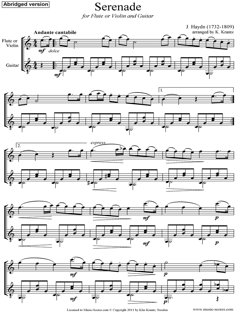 Front page of Op.3, No.5: Quartet No.17 in F major: 2nd mvt: Flute, Guitar sheet music