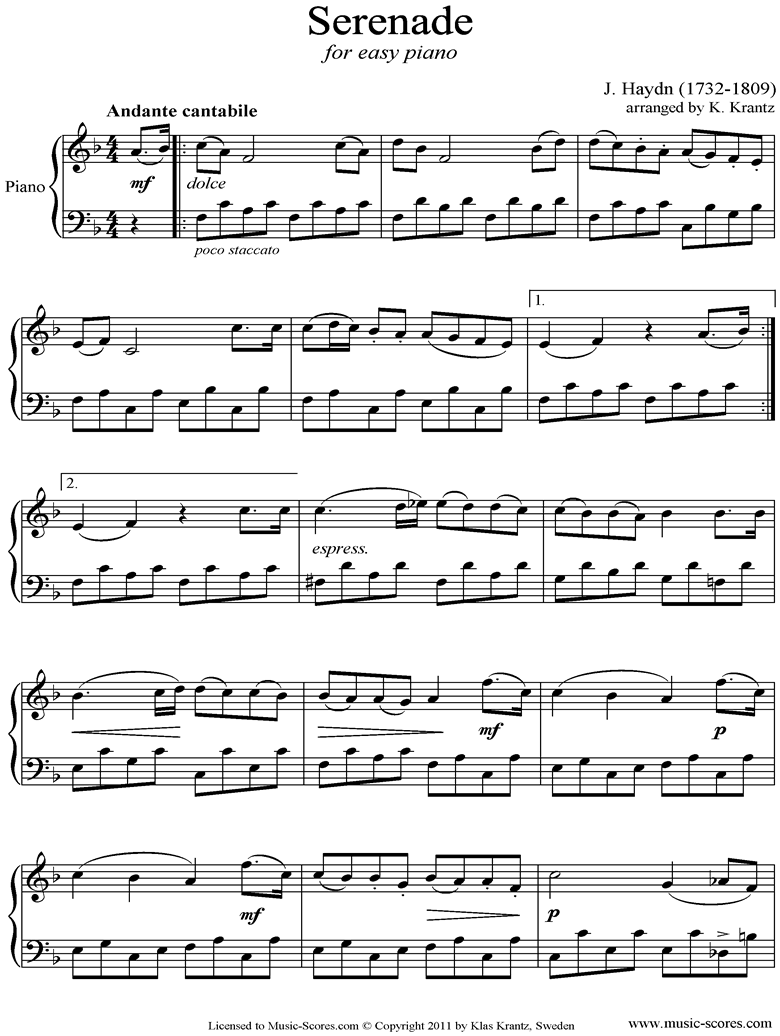 Front page of Op.3, No.5: Quartet No.17 in F major: 2nd mvt: Piano sheet music