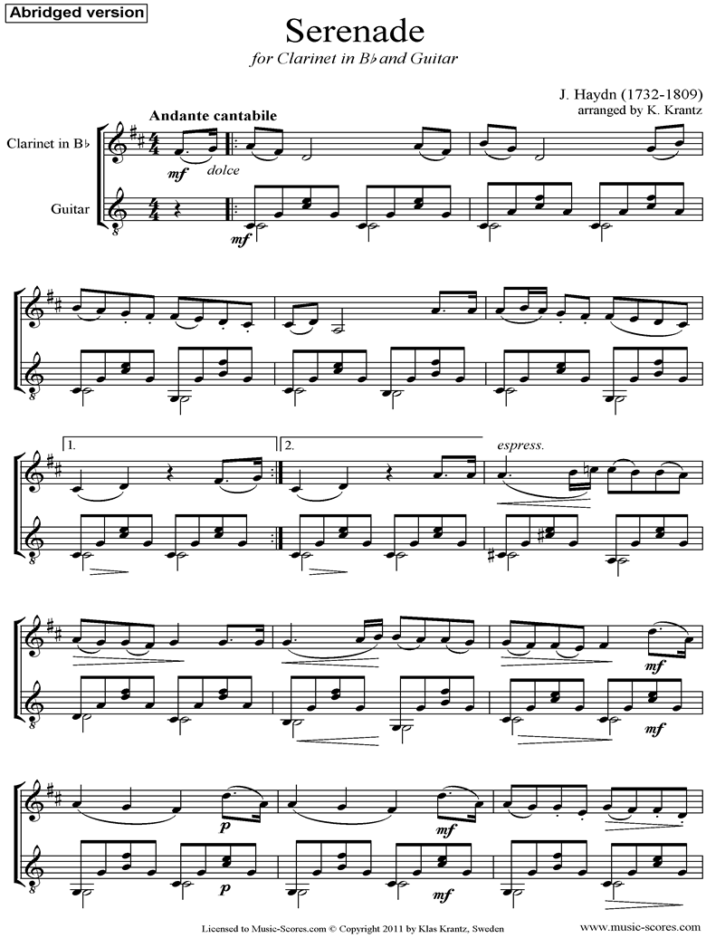 Front page of Op.3, No.5: Quartet No.17 in F major: 2nd mvt: Clarinet, Guitar, short version sheet music