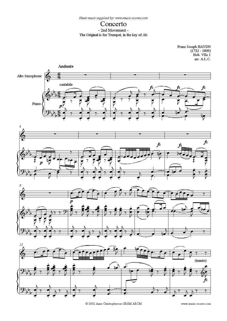 Front page of Trumpet Concerto, 2nd Movement: Hob. VIIc 1 sheet music