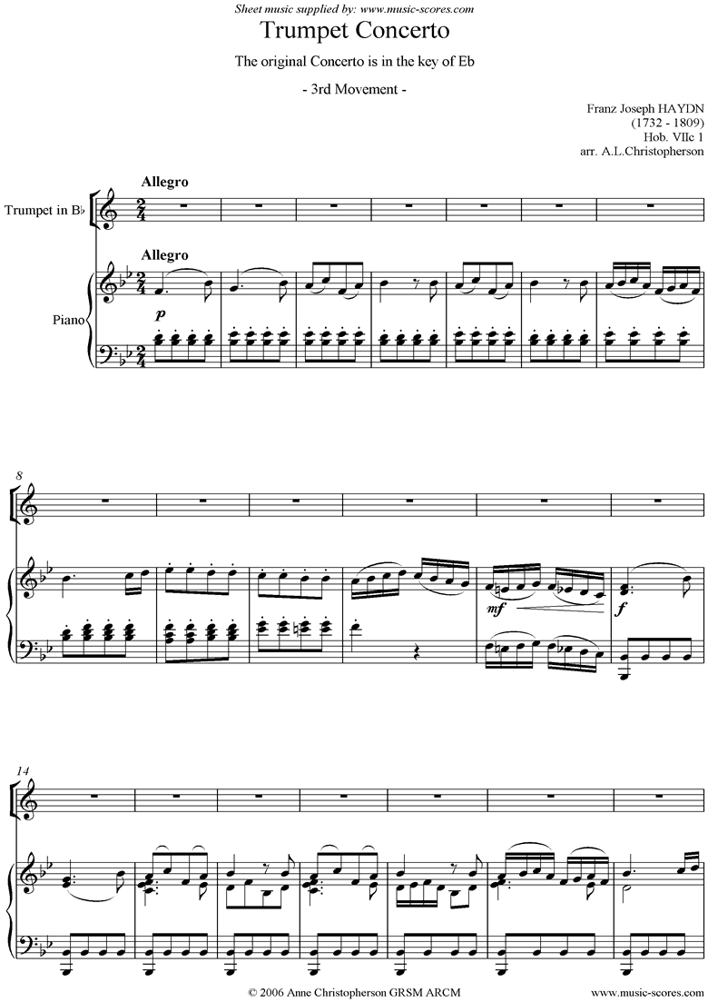 Front page of Trumpet Concerto, 3rd Movement down a 4th Bb trump sheet music