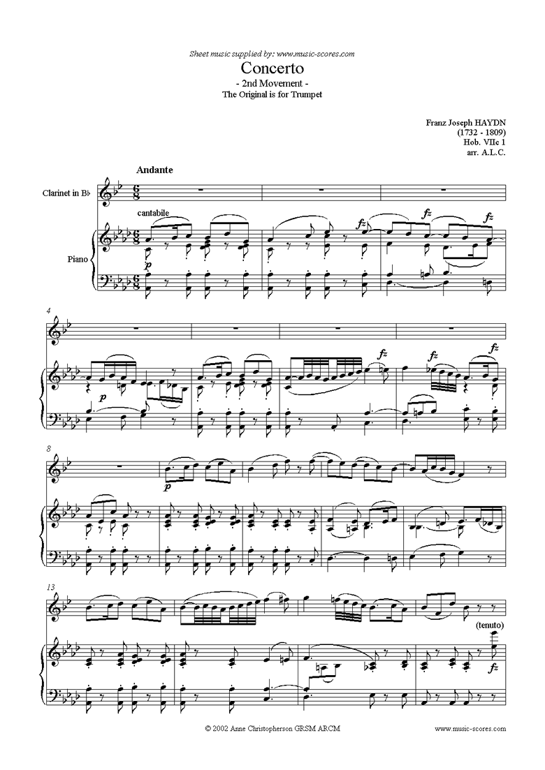 Front page of Trumpet Concerto, 2nd Movement: Hob. VIIc 1 sheet music