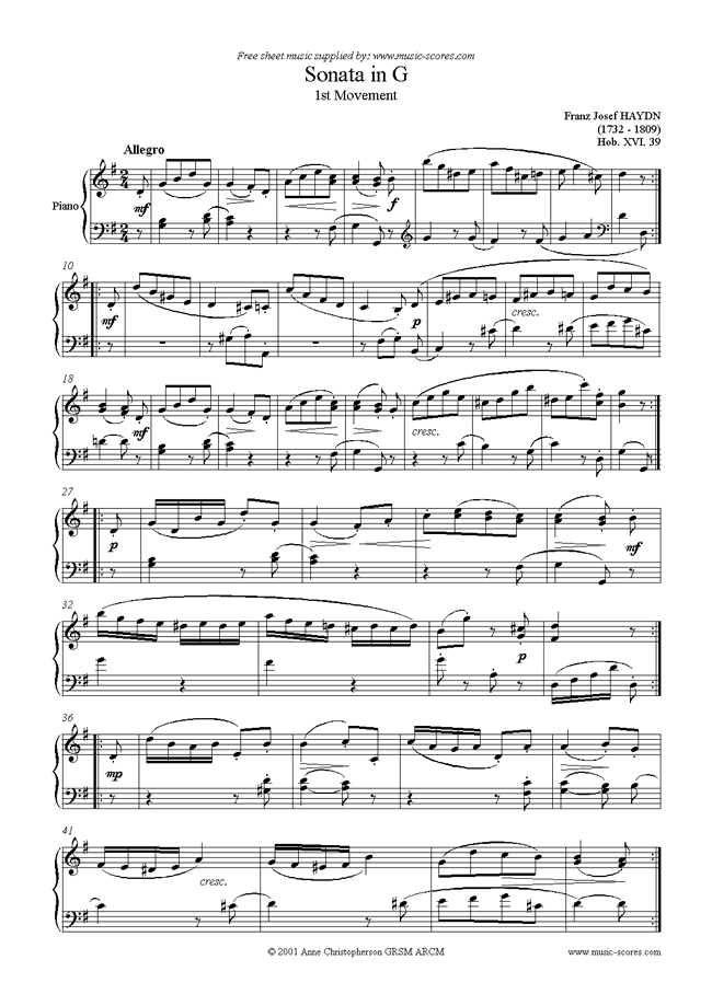 Front page of Sonata in G, 1st Movement: Hob. XV1. 39 sheet music