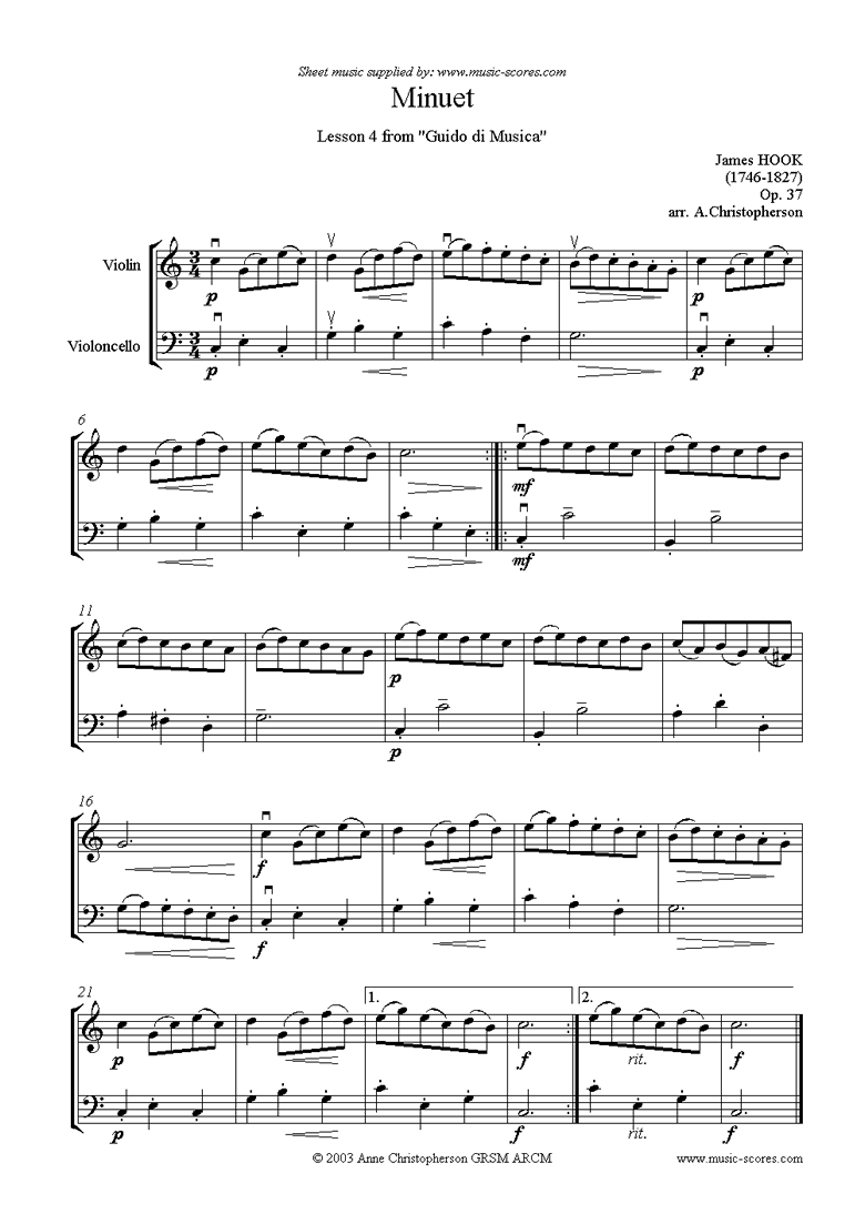 Front page of Guida di Musica: No.4 Minuet - Violin and Cello sheet music