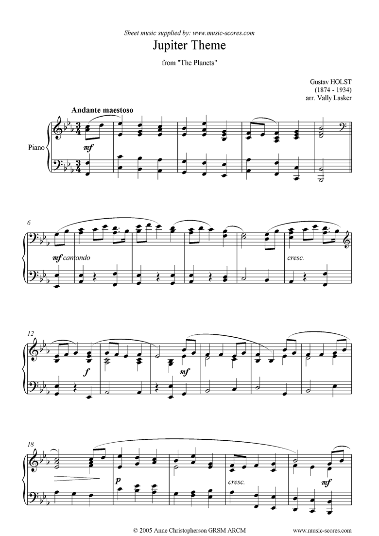 Front page of The Planets: Theme from Jupiter sheet music