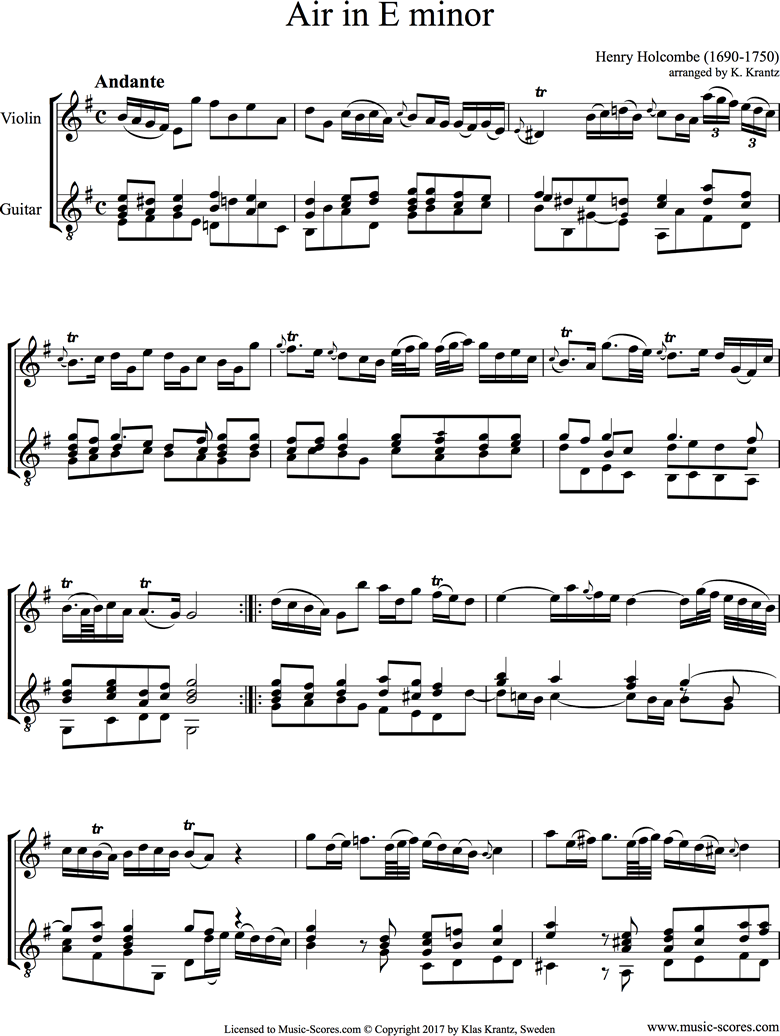 Front page of Air in E minor: Violin, Guitar sheet music