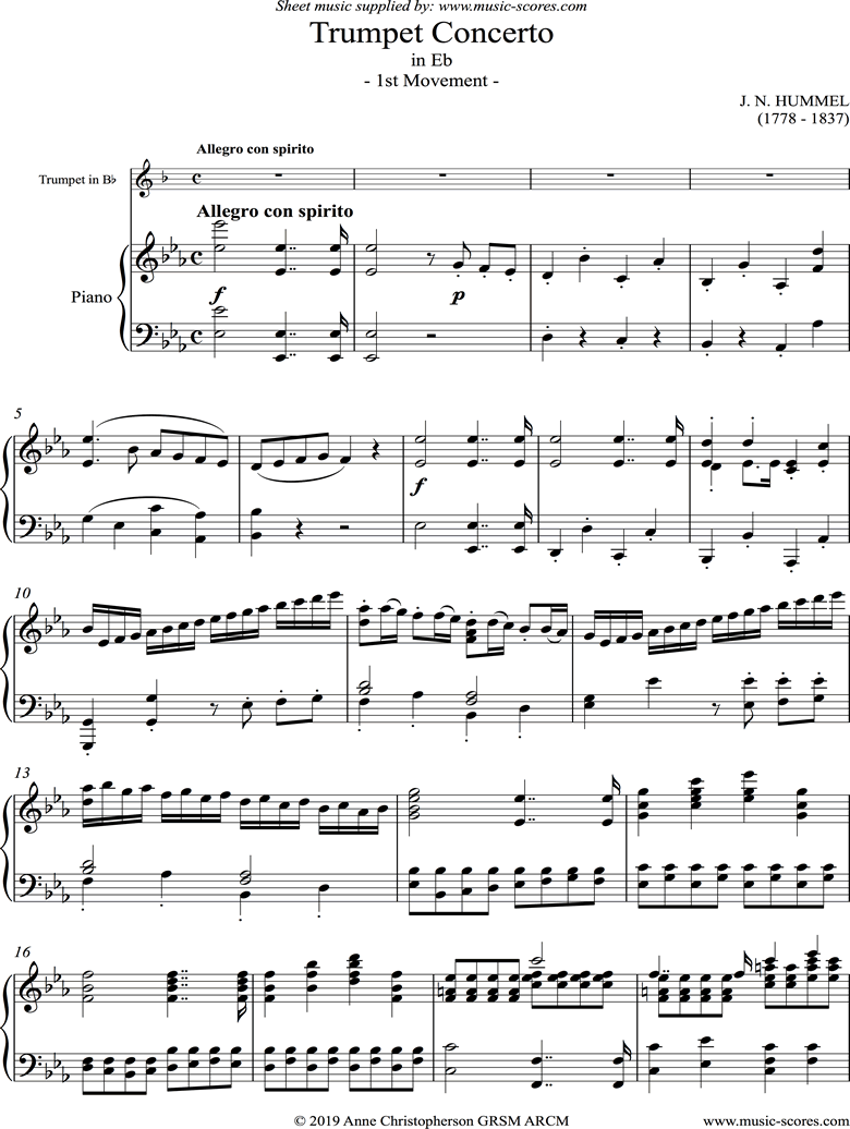 Front page of Trumpet Concerto in Eb: 1st movement for Trumpet in Bb and Piano sheet music