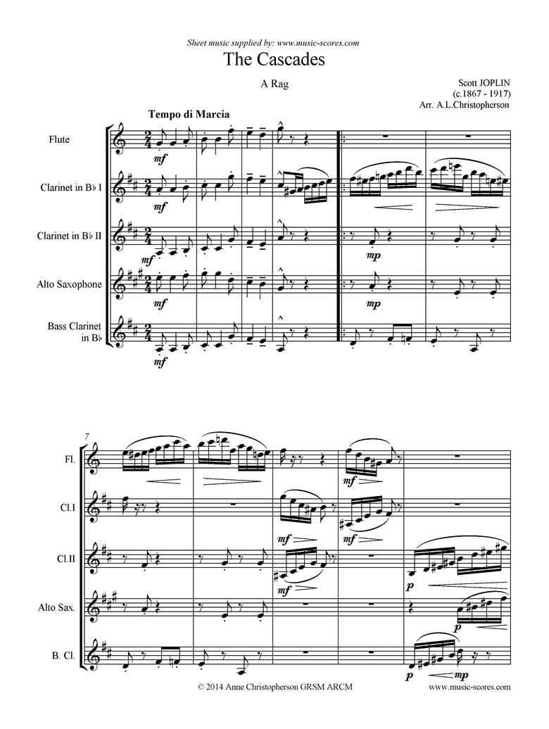 Front page of The Cascades: Flute, 2 Clarinets, Alto Sax, Bass Clarinet sheet music