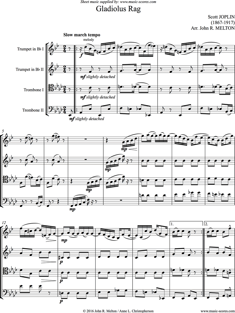 Front page of Gladiolus Rag: Brass Quartet sheet music