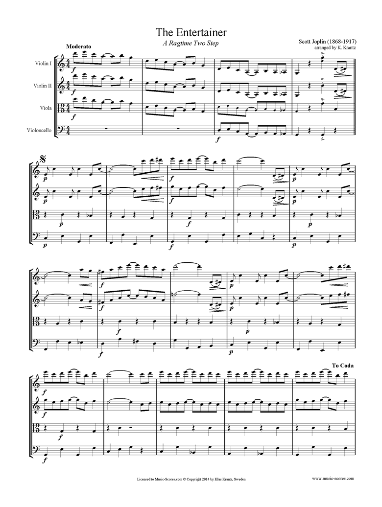 The Entertainer: 2 Violins, Viola, Cello by Joplin