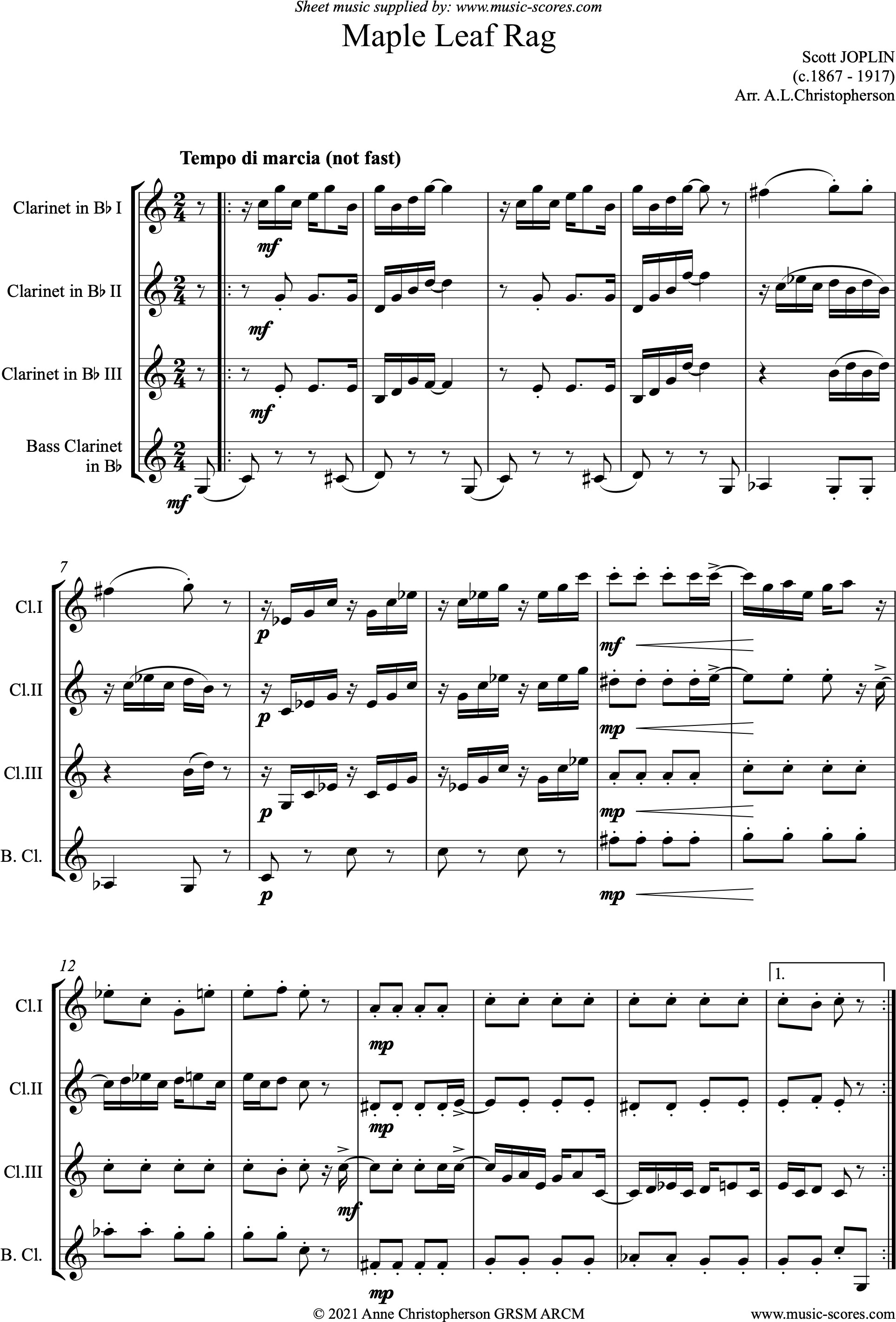 Front page of Maple Leaf Rag: 3 Clarinets, Bass Clarinet sheet music