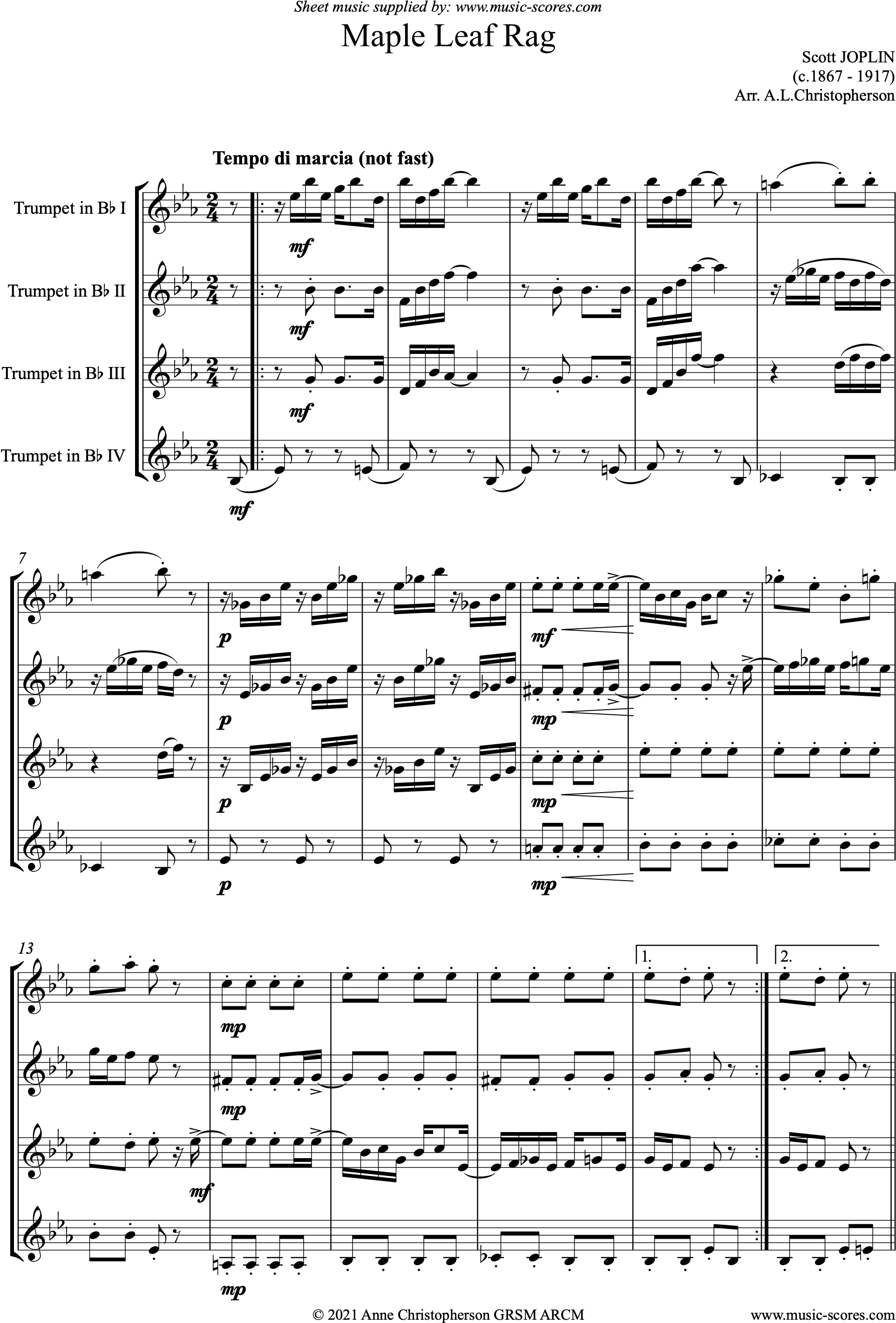 Front page of Maple Leaf Rag: 4 Trumpets sheet music