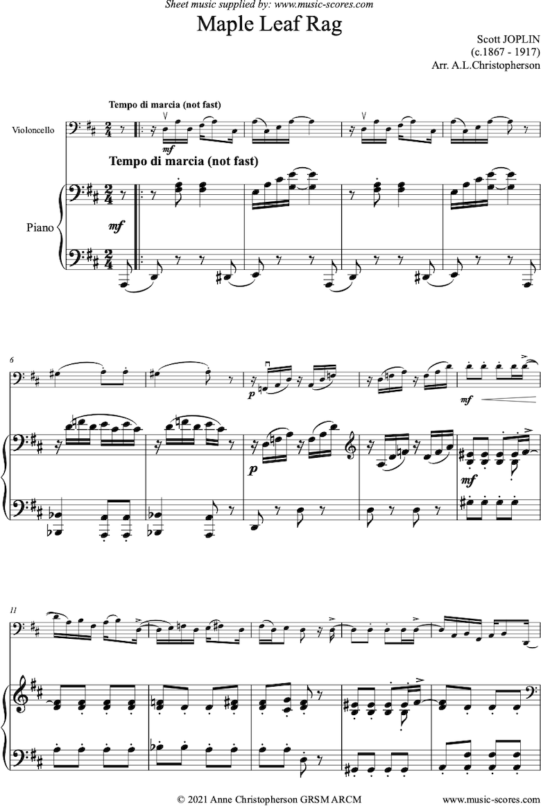 Maple Leaf Rag: Cello, Piano by Joplin