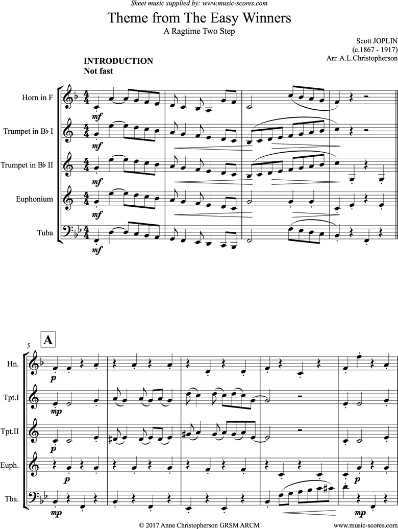 Front page of The Easy Winners Theme: 2 Trumpets, Horn, Euphonium, Tuba sheet music