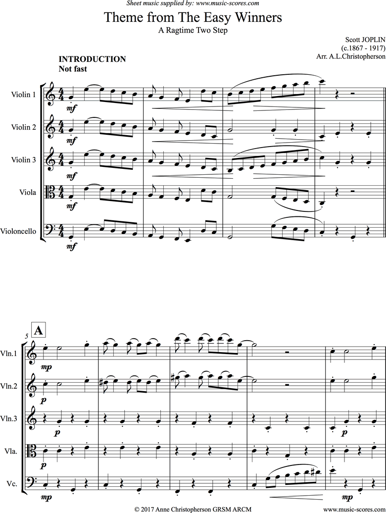 Front page of The Easy Winners Theme: 3 Violins, Viola, Cello sheet music
