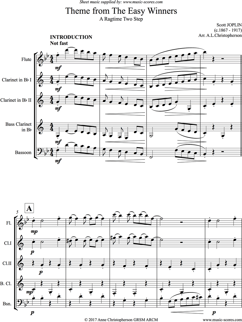 Front page of The Easy Winners Theme: Flute, 2 Clarinets, Bass Clarinet and Bassoon sheet music