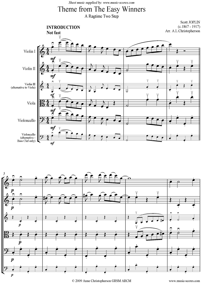 Front page of The Easy Winners Theme: String Quartet sheet music