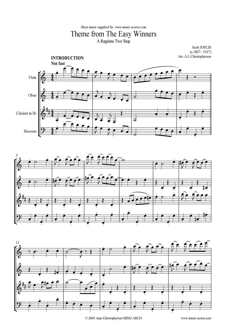 Front page of The Easy Winners Theme: Wind Quartet sheet music