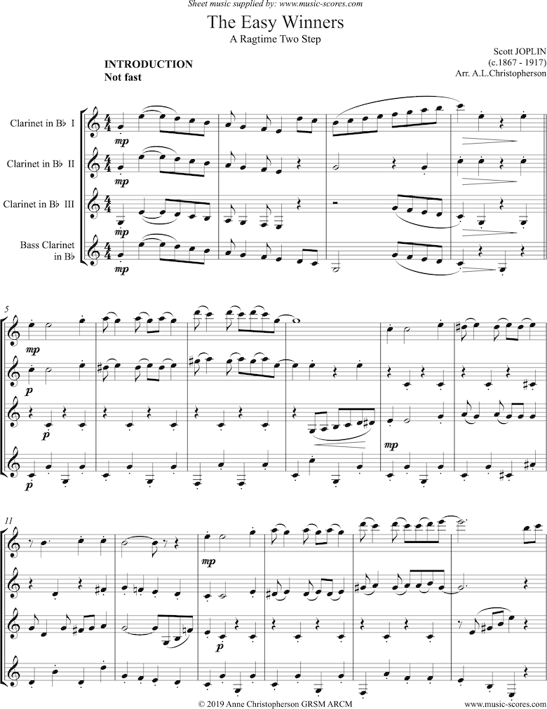 Front page of The Easy Winners: Full: 3 Clarinets, Bass Clarinet sheet music