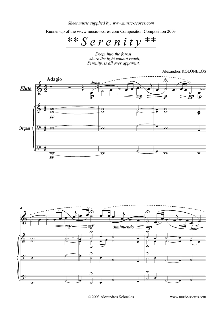 Front page of Serenity: flute and organ sheet music