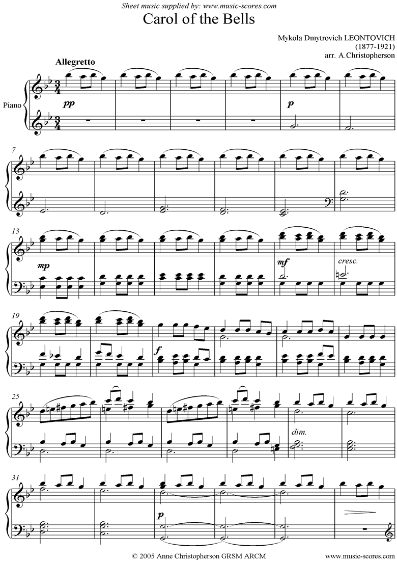 Front page of Carol of the Bells: Piano sheet music