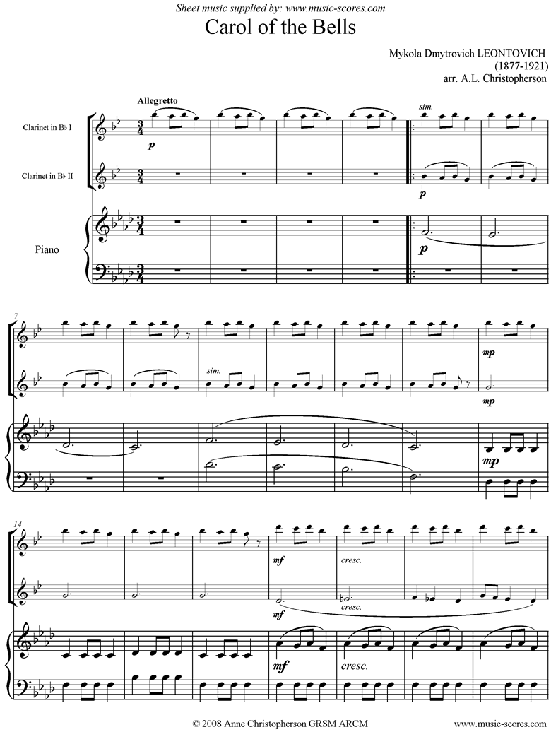 Front page of Carol of the Bells - 2 Clarinets, Piano, F mi sheet music