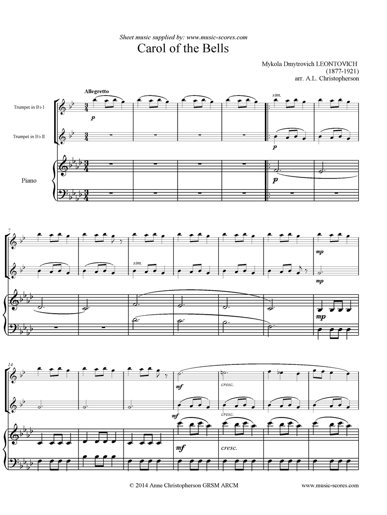 Front page of Carol of the Bells - 2 Trumpets, Piano, F mi sheet music