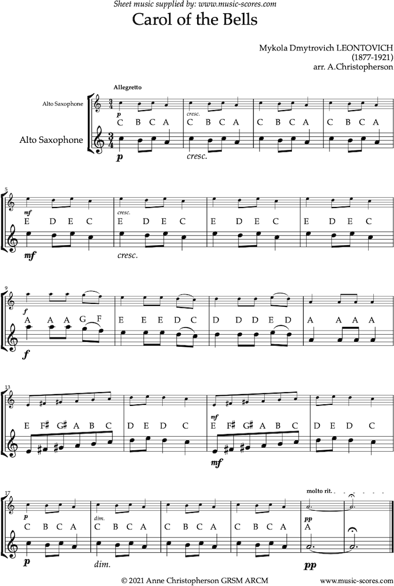 Front page of Carol of the Bells - Easy Alto Sax solo sheet music