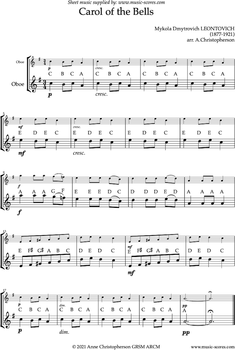 Front page of Carol of the Bells - Easy Oboe solo sheet music
