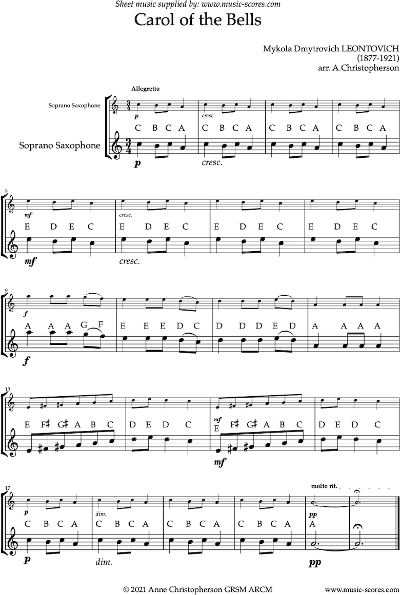Front page of Carol of the Bells - Easy Soprano Sax solo sheet music