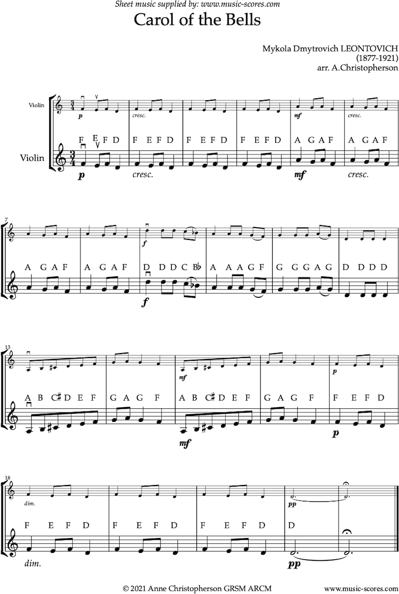 Front page of Carol of the Bells - Easy Violin solo sheet music