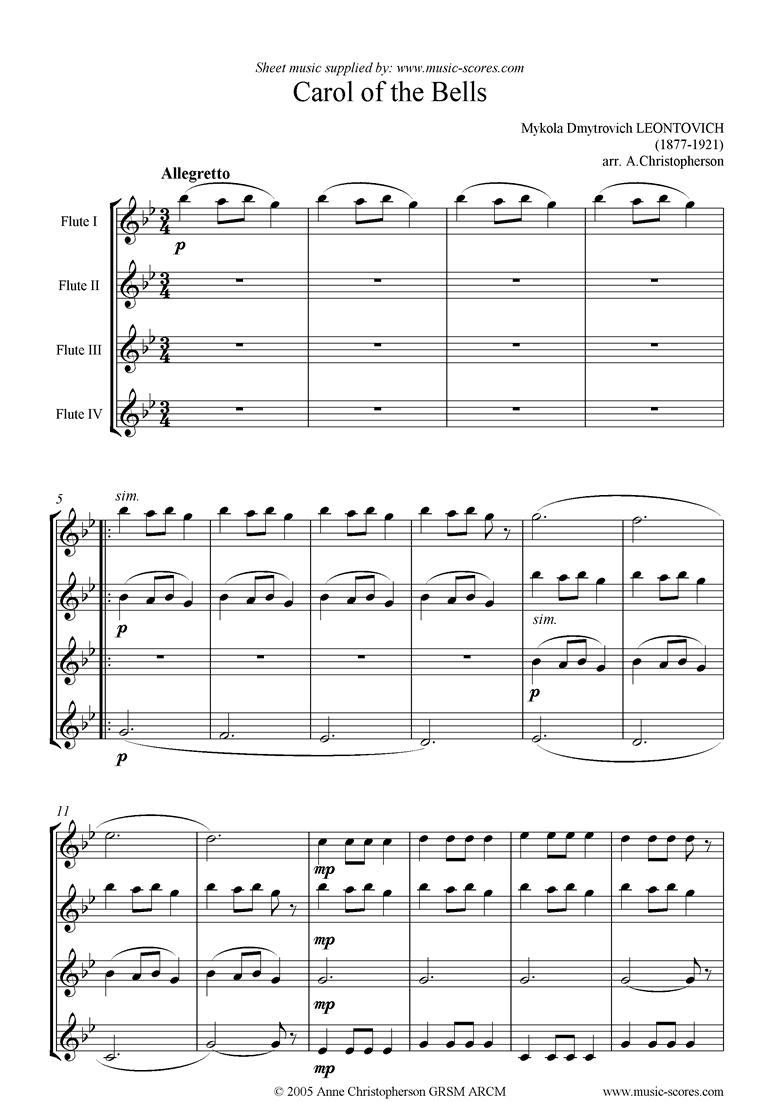 Front page of Carol of the Bells - Flute Quartet sheet music